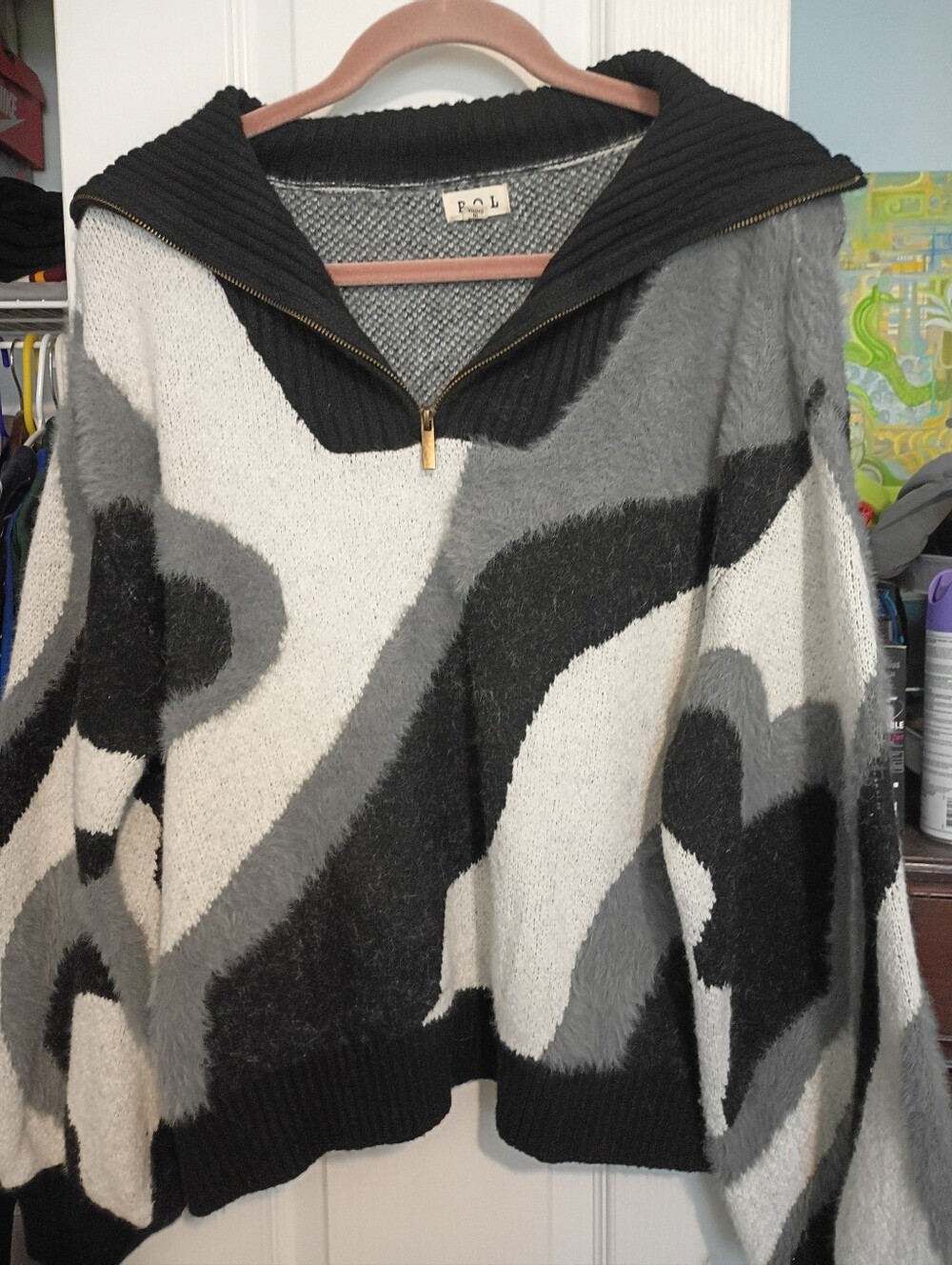 POL Boho Abstract Swirl Fuzzy Knit Quarter Zip Sweater Black Grey White